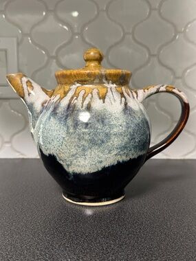 Artisan Glazed Ceramic Teapot - Blue, White, Brown